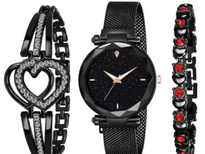 Black Dial Magnet Watch with Gift Bracelet for Women or Girls | Styledose Branded Analogue (Combo of 3)
